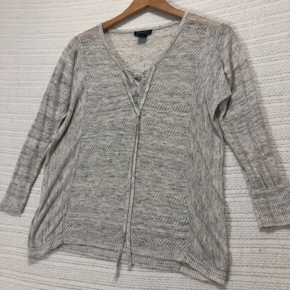 LUCKY BRAND Linen Ivory gray lightweight sweater with neck tie Boho Women size S - Picture 1 of 5